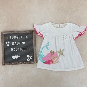 Mud Pie White Dress with Pink Trim and Sequin Mermaid